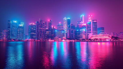 Fototapeta premium 3D Rendering of city scape. Large tall buildings and glowing signs reflection on river. View from dock port. For business product advertising, technology, transport background.