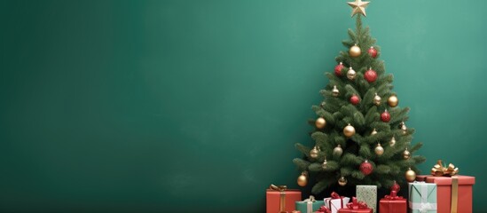 There is a copy space image featuring gift boxes placed under a beautifully adorned Christmas tree standing near a vibrant green wall