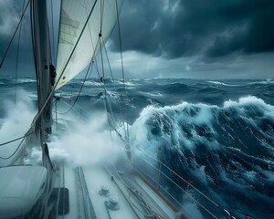 Treacherous Winds Stir Choppy Seas A Sailors Perilous Navigation Challenge - obrazy, fototapety, plakaty
