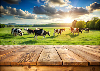 Empty wooden table top with grass field and cows background. cow and wood top table on farm background - obrazy, fototapety, plakaty