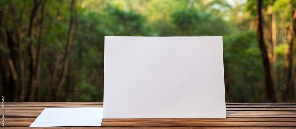 Poster a blank sheet of paper is positioned on a wooden surface creating a copy space image with a softly b