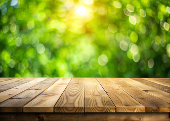 Empty wood table on blurred green background - obrazy, fototapety, plakaty