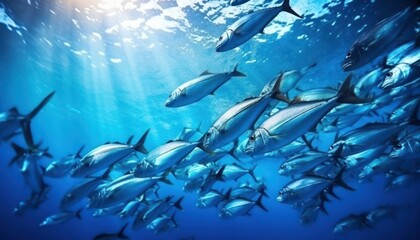 Obraz premium Groups of giant Tuna fish in the underwater, coral reef, amazing underwater life, various fish and exotic coral reefs, ocean wild creatures background