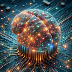 Artificial illuminated brain connected to wires board modern technology