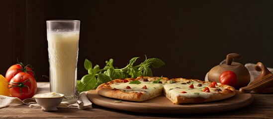 On the table there is a refreshing yoghurt drink and a delectable Turkish pizza adorned with cheese leaving room for a captivating copy space image