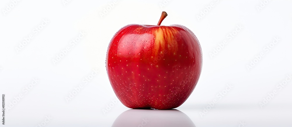 Poster a red apple is shown in isolation on a white background with ample space around it for copy or other