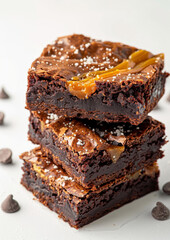 Salted Caramel Brownies on white surface, isolated on white background.  - obrazy, fototapety, plakaty