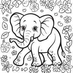 Obraz premium Kids coloring book with cute elephant, trees and flowers. Simple shapes, contour for small children. Cartoon vector.