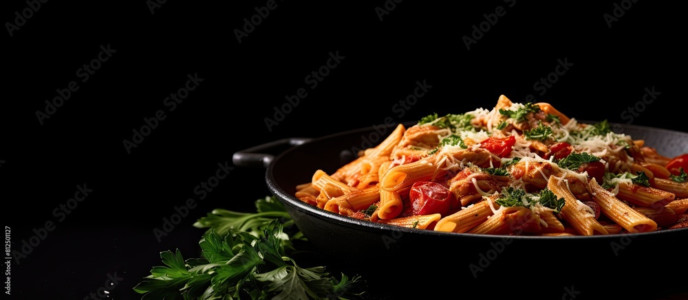 Poster italian penne pasta with chicken cooked in a flavorful tomato sauce garnished with parsley showcased