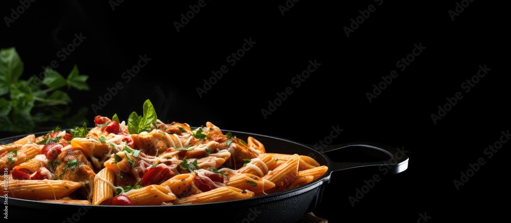 Poster italian penne pasta with chicken cooked in a flavorful tomato sauce garnished with parsley showcased