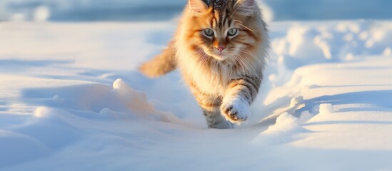 A fluffy ginger cat is walking gracefully through the snow leaving delicate footprints behind. Creative banner. Copyspace image