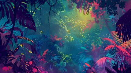 Vibrant Neon Silhouettes Light Up Dense Forest at Night - obrazy, fototapety, plakaty