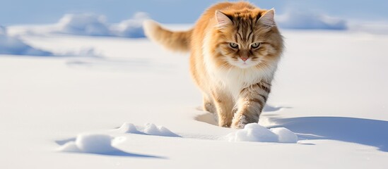 A fluffy ginger cat is walking gracefully through the snow leaving delicate footprints behind. Creative banner. Copyspace image