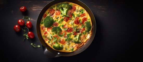 Italian vegetable frittata with broccoli tomatoes and red onions cooked in an iron skillet The view is from the top providing an overhead look at the dish There is empty space around the image