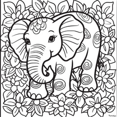 Kids coloring book with cute elephant, trees and flowers. Simple shapes, contour for small children. Cartoon vector.