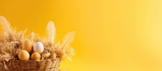A large straw basket with eggs and feathers on a yellow background creating a perfect copy space image for an Easter holiday card or springtime mockup design It represents healthy food and farm produ