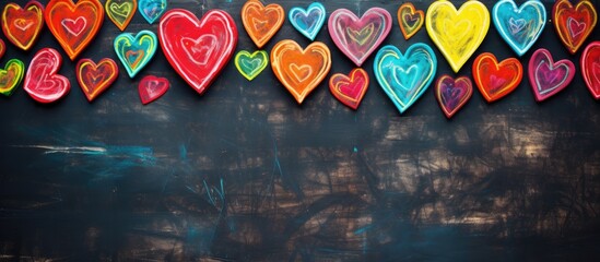 A vintage blackboard lacking any traces of writing showcases an assortment of vibrant chalks resembling a vibrant display of emotions symbolizing love Copy space image is available
