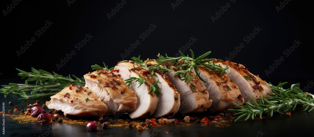 Poster A light and nutritious option for a low calorie diet this thinly sliced chicken breast is seasoned with cooking spices It is presented on a gray background providing copy space for additional element