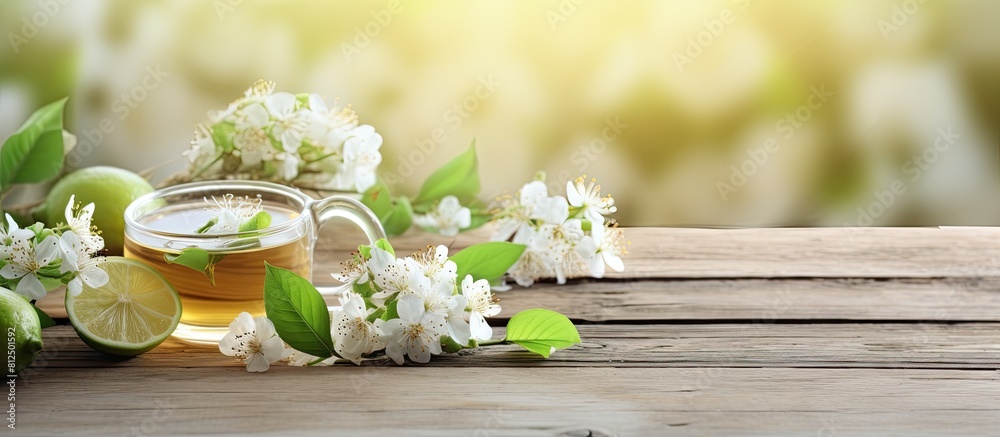 Aufkleber a cup of lime tree tea with blossoms on a wooden surface is shown in the copy space image