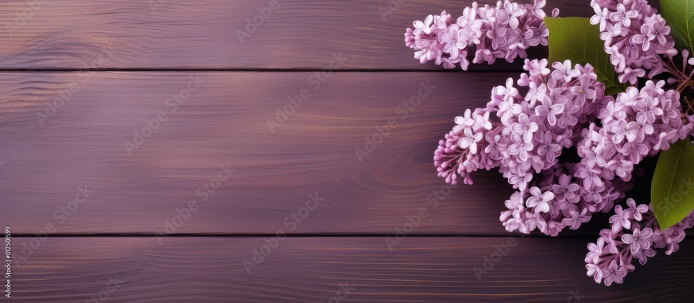 Poster A lilac branch placed on a wooden surface creating a serene and elegant copy space image
