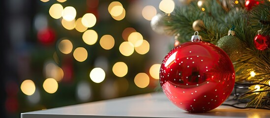 Festive lights and baubles adorn a small Christmas tree which sits in the kitchen There is room for text in the image. Creative banner. Copyspace image