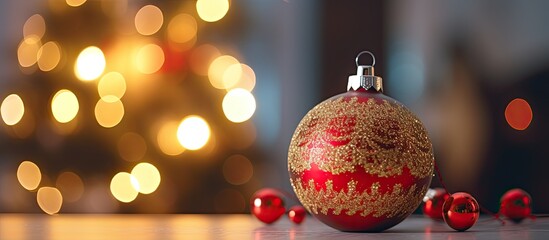 Festive lights and baubles adorn a small Christmas tree which sits in the kitchen There is room for text in the image. Creative banner. Copyspace image