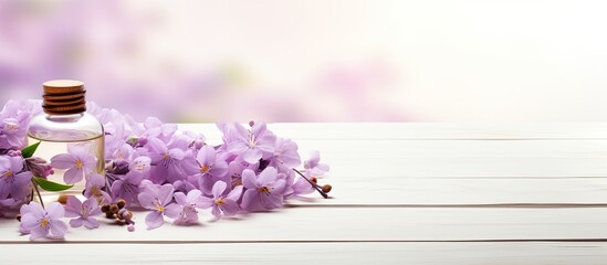 Spring flowers like the stunning wood violets and essential oil adorn a white table creating a...