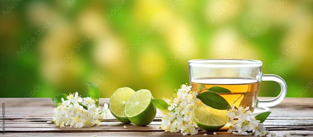 Aufkleber a cup of lime tree tea with blossoms on a wooden surface is shown in the copy space image