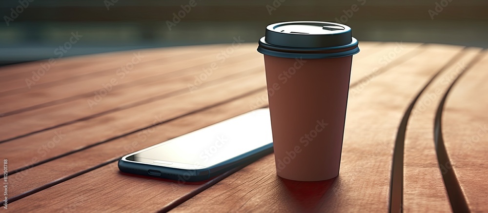Aufkleber A coffee cup made of cardboard with a lid and a phone sitting on a wooden table There is room available for adding text next to the image. Creative banner. Copyspace image