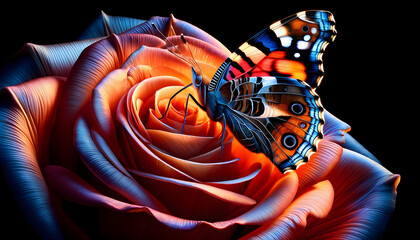 An exquisite image capturing the delicate interplay between a brightly colored butterfly and a large, vibrant rose. This stunning display highlights the intricate details - obrazy, fototapety, plakaty