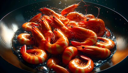 This vivid image showcases a tantalizing display of freshly cooked shrimp in a hot wok, their vibrant red color enhanced by the glistening oil, perfect for culinary presentations and seafood promotion - obrazy, fototapety, plakaty