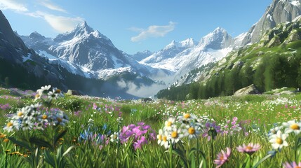 A pristine alpine meadow nestled between towering mountains, with a carpet of wildflowers in bloom and a grove of trees providing shade, against the backdrop of a clear blue sky