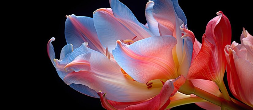 Lovely spring flowers with a close up of tulip showing the pistil and stamens This copy space image captures the intricate details of the flower