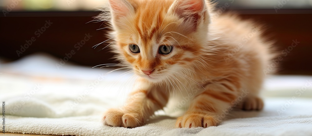 Poster ginger maine coon kitten with an endearing gesture as he cleans his paw image allows room for text. 