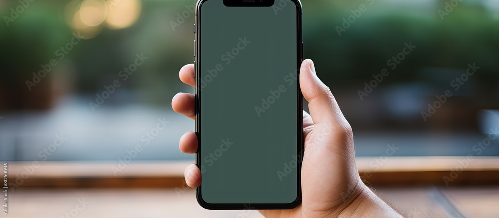 Poster Man s hands holding a smart phone with a blank screen perfect for adding your own text or information Suitable for online shopping and financial technology fintech payments. Creative banner