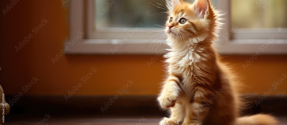 Poster ginger maine coon kitten with an endearing gesture as he cleans his paw image allows room for text. 
