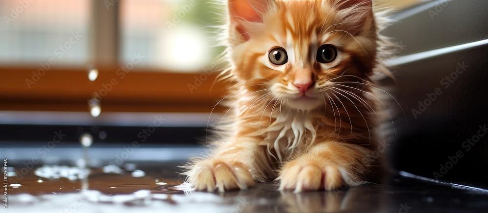 Poster ginger maine coon kitten with an endearing gesture as he cleans his paw image allows room for text. 
