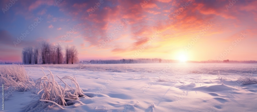 Poster A mesmerizing winter sunset creating a breathtaking scene over a snow covered field is captured in the copy space image