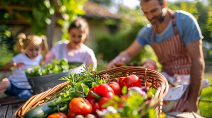 Family meal in the garden, close-up on a basket of freshly picked vegetables, farm-to-table experience --ar 16:9 Job ID: c0cbeae5-3634-4d1b-afed-b5e1e2cfbed5