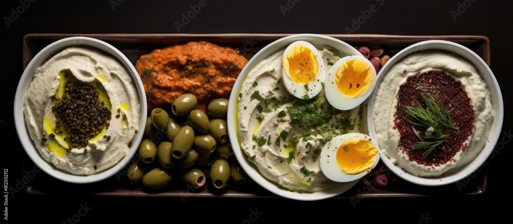 Poster a middle eastern style breakfast platter featuring labneh cream cheese foul muhammara dip and zaatar