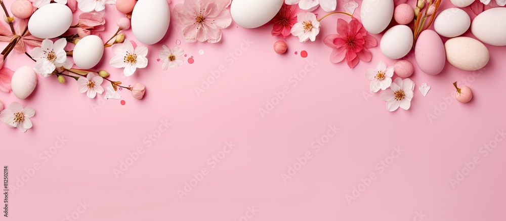 Aufkleber Minimalistic spring concept with a creative Easter composition The flat lay showcases the delicate shape of an Easter egg adorned with a beautiful floral frame on a pink background Ample copy space c