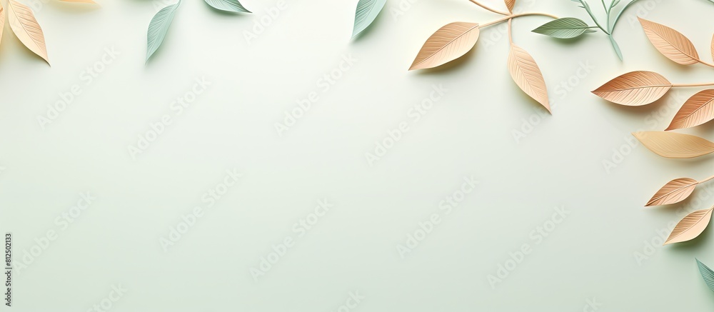 Poster A minimalistic concept with a nature theme featuring a top down view of pastel background with tree leaves perfectly suited for copy space image