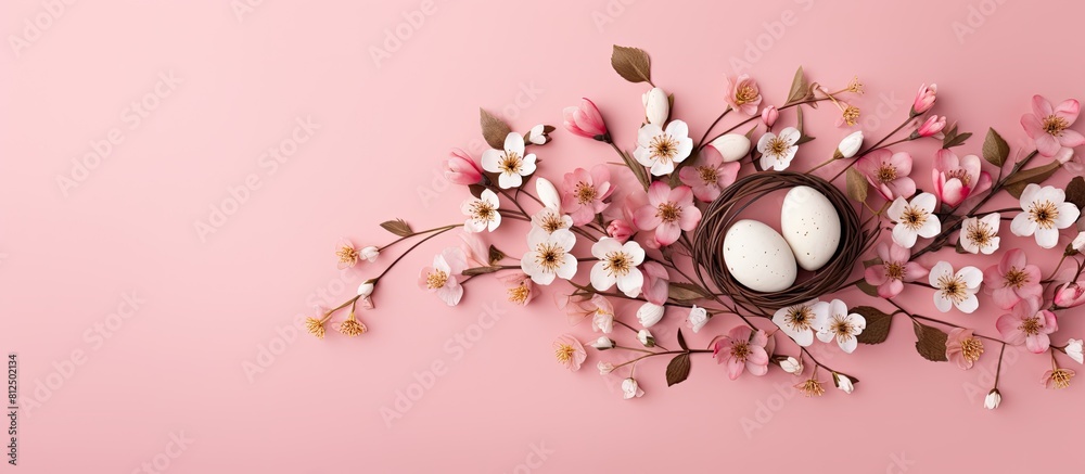 Aufkleber Minimalistic spring concept with a creative Easter composition The flat lay showcases the delicate shape of an Easter egg adorned with a beautiful floral frame on a pink background Ample copy space c