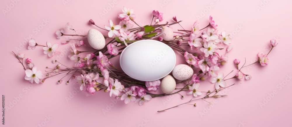Aufkleber Minimalistic spring concept with a creative Easter composition The flat lay showcases the delicate shape of an Easter egg adorned with a beautiful floral frame on a pink background Ample copy space c