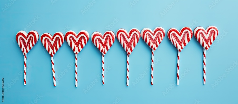 Poster a minimalistic love concept with candy cane hearts on a flatlay of christmas red striped candy canes