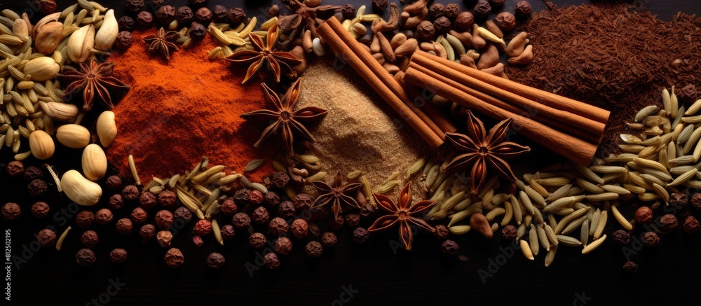 Poster a mixture of coffee grains and spices copy space image