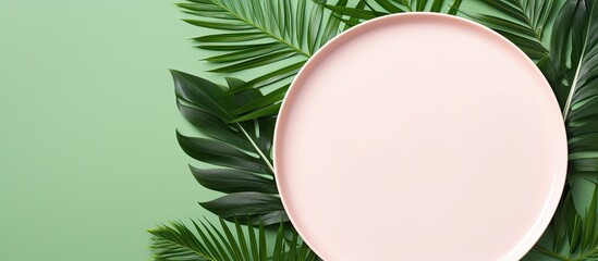 Naklejka premium A minimalistic top down view of millennial pink paper background with an empty plate placeholder surrounded by vibrant green tropical palm leaves Perfect for your text or design ideas A visually appe