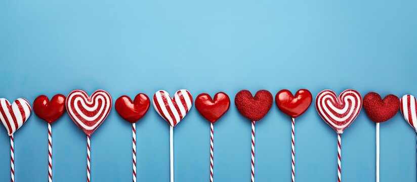 A minimalistic love concept with candy cane hearts on a flatlay of Christmas red striped candy canes and lollipops on a blue background Copy space image representing Merry Christmas sweets and a Happ