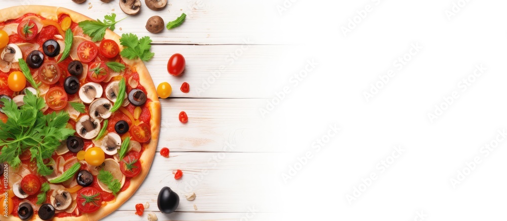 Aufkleber Top view of a mouthwatering pizza loaded with fresh vegetables resting on a wooden table against a pristine white backdrop with ample copy space for creative use in images
