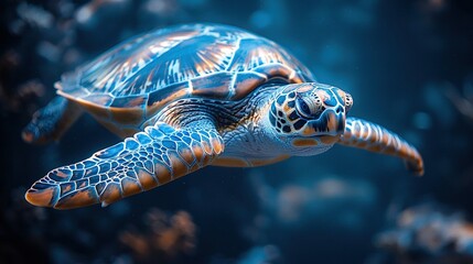  A close-up of a sea turtle swimming in an aquarium, surrounded by corals and marine life